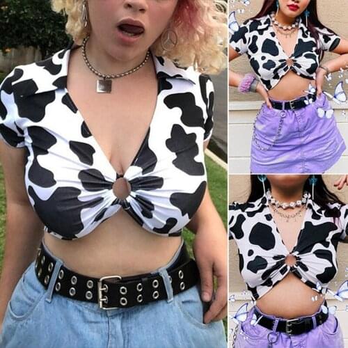 Summer V Neck Sexy T Shirt Dairy Cow Print Short Sleeve Ring Cropped T-Shirts for Women Crop Tops Tees Clothes