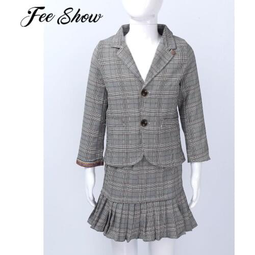 2Pcs Fashion Kids Girls Clothes Sets Long Sleeve Jacket + Pleated Mini Skirt Girls Plaid Suits Children School Uniform Outfit