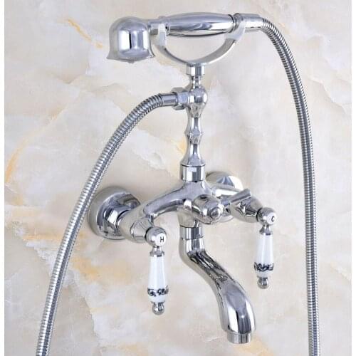 Silver Chrome Brass Wall Mounted Bathroom Tub Faucet Set with 1500MM Handheld Shower Spray Head Bath Mixer Tap 2tf845