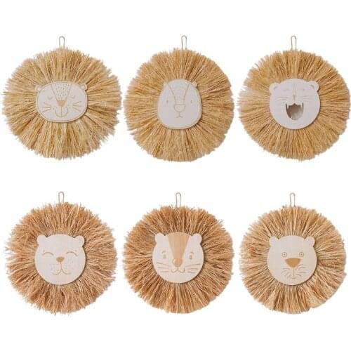 Nordic Style Weaving Straw Wall Pendant Hand Woven Cartoon Wooden Animal Head Ornaments Children Room Hanging Decora