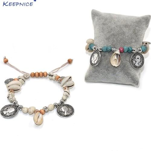 New European Boho Jewelry Handcrafted Bracelets Shell Coin Charm Beaded Strand Bracelet For Women