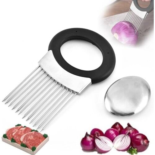 OLOEY Stainless Steel Onion Needle Cutting Device Potato Holder Kitchen Fruits Vegetable Melon Slicer Aids With Soap Supplies