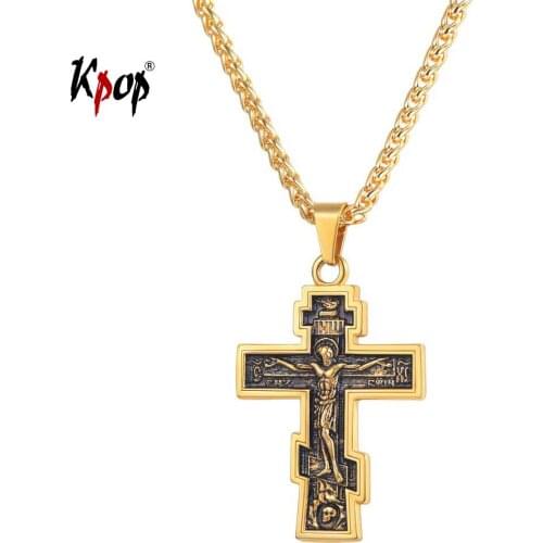 Kpop Cross Necklace Orthodox Church Christian Jewelry Stainless Steel Gold Color INRI Crucifix Cross Pendant Necklace Men P3240