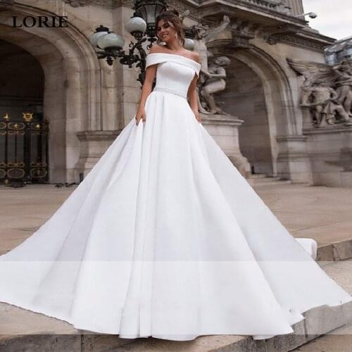 LORIE Satin Wedding Dresses Off The Shoulder Bride Gown With Beaded Sash Wedding Gown Covered Back Vestido de novia 2019