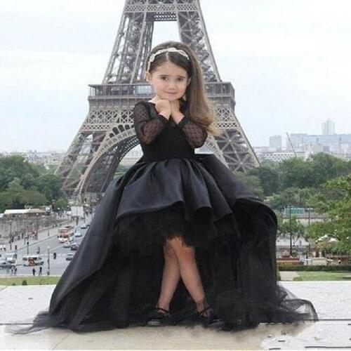 Flower Girl Dresses For Teens Formal Holy Communion Gown Long Sleeves Girls Pageant Dresses Black High Low Mother And Girl Dress