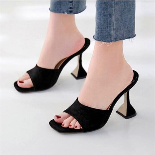 Size 35-41 Woman Summer Square head Serpentine Slippers Sandals Sexy Wine Glass Mules High Heels Flock Shoes Women Slip On Slide