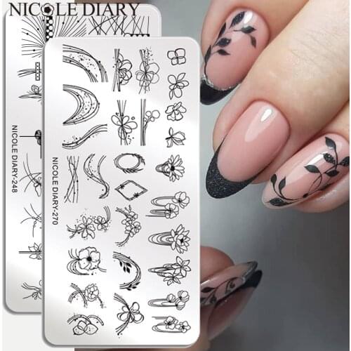 NICOLE DIARY Stripe Line Leaves Nail Stamping Plates Flower Floral Engraving Stamp Templates Spring Summer Printing Stencil