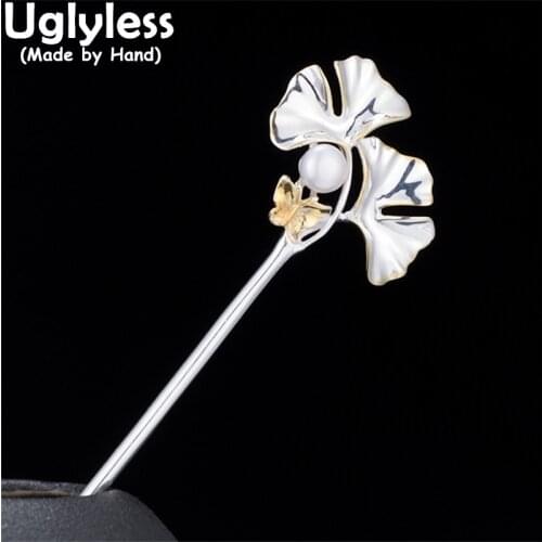 Uglyless Elegant Pearls Hair Sticks for Women Handmade 925 Silver Ginkgo Leaf Hair Jewelry Fashion Natural Pearls Pins Brooches