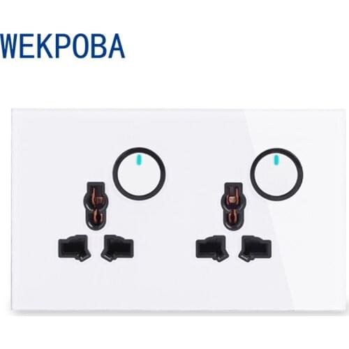 WEKPOBA Pure Glass Frame 13A Double Universal Wall Socket 2 Gang 2 Way On/Off Pass Through Light Switch Switched LED Indicator
