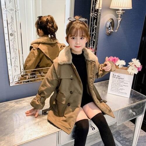 Girls Pi Overcomes Thick Warm Jacket Winter 2021 New Mid-Length Solid Color Double-Breasted Round Neck Waist Plus Velvet