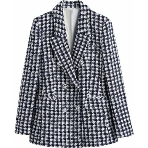 Women Houndstooth Loose Tweed Blazers 2021 Spring-Autumn Fashion Ladies Elegant Patchwork Plaid Jackets Casual Female Chic Tops