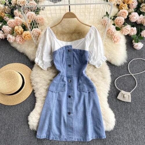 2021 Summer Casual Streetwear Korean Women Patchwork Denim Dresses O-neck Short Sleeve Female Sweet A-line Denim Dress Vestidos