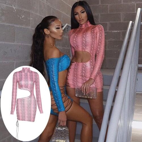 2021 Hot Sexy Snake Print Turtleneck Hollow Out Party Night Club Mini Dresses Women Long Sleeve Animal Print Bodycon Dress