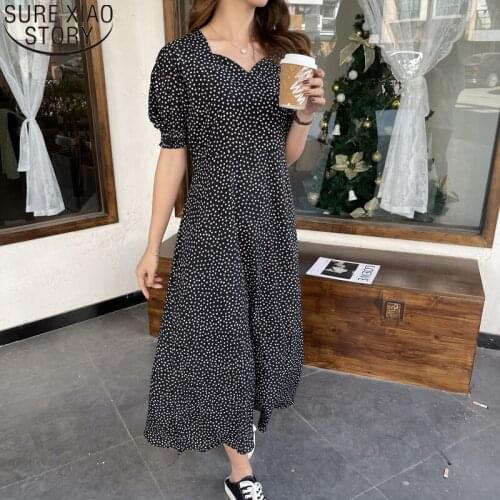2021 Summer Korean Dot Print Dress Vintage V-neck Puff Sleeve Women Floral Dress Plus Size Loose Midi Dresses Vestido 15358