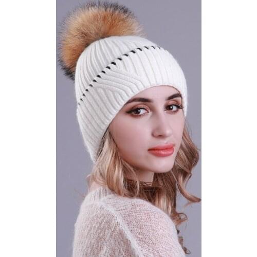 Winter Hat Women Teenagers Warm Wool Knit Beanie Autumn Raccoon Fur Pompom Brim Headwear Outdoor Skiing Snow Accessory