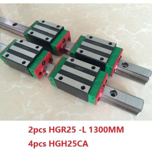 2pcs 100% original Hiwin linear guide linear rail HGR25 -L 1300mm + 4pcs HGH25CA linear narrow block for cnc router