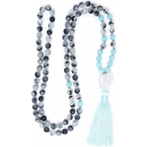 108 mala beads Necklaces Rutilated Quartz necklace Hand Knotted tassel Necklace Black Prayer mala Bead Meditation Necklaces