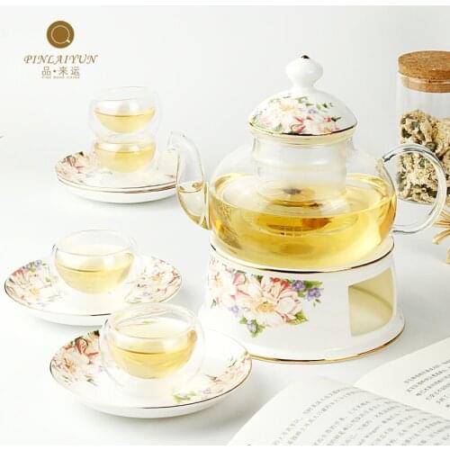 14pieces thickened glass tea set creative bone china flower tea pot tea cup heat-resistant filter kungfu tea set