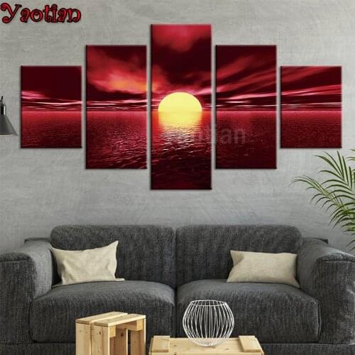 5 Panels Lake Sunset Diamond embroidery Full Square Diamond Painting Mosaic Diamond Art Multiple pictures 3d stickers Decor