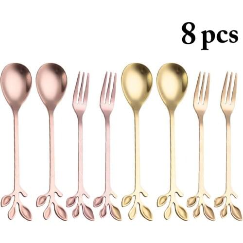 8PCS/Set Coffee Scoops Stainless Steel Ice Cream Dessert Spoon Milk Tea Stirring Spoon Fruit Melon Fork With Branch Leaves Decor
