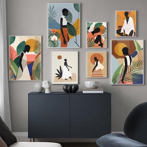 African Woman Palm Monstera Flower Sun Wall Art Canvas Painting Nordic Posters And Prints Wall Pictures For Living Room Decor