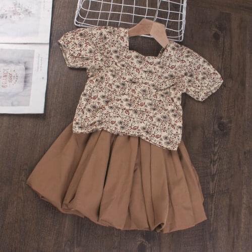Kids Floral Casual Clothing Sets Summer Girls Square Collar Blouses And Skirt Outfit Fashion Vintage Clothes Children Party Suit