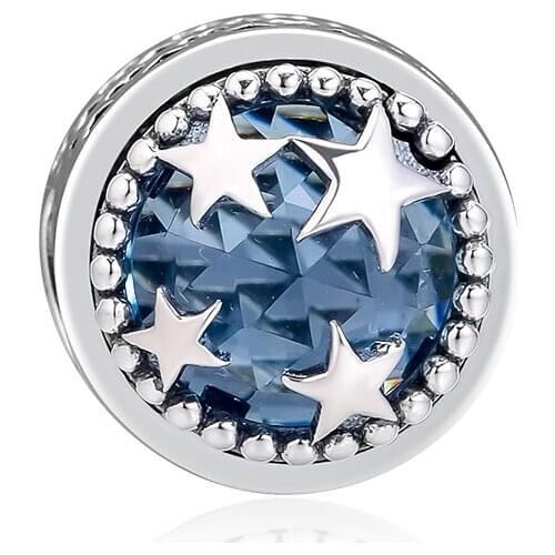 DIY Fits for Pandora Charms Bracelets Dazzling Star Beads with Aqua Blue Crystal 100% 925 Sterling-Silver-Jewelry Free Shipping