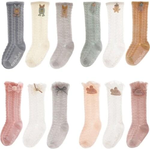 Baby Summer Thin Knee High Socks Cartoon Bow Mesh Lace Anti-Mosquito Stockings