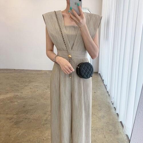 Summer Elegant Thin Square Collar Design Slim Waist Pants Women Casual Wide Leg Jumpsuits Loose All Match Office Lady Trousers
