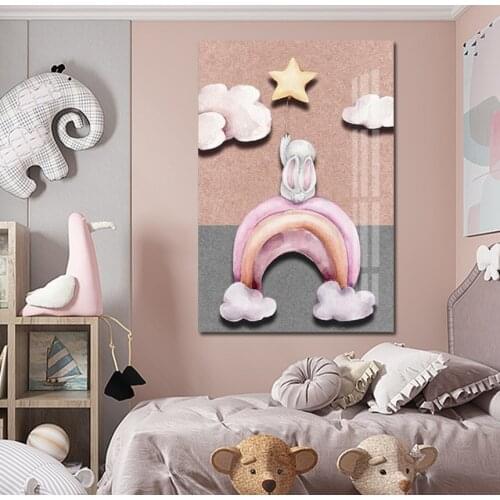 Cute Cartoon Canvas Print Picture Nordic Dreamy Animal Pink Rainbow Cloud Star Rabbit Poster For Baby Girls Room Home Decoration