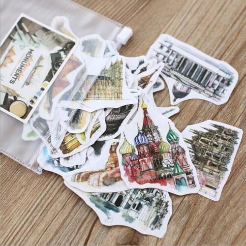 42pcs/lot Watercolor Hand drawn world Architecture paper Stickers Adhesive Stickers Scrapbooking DIY Decoration Diary Stickers