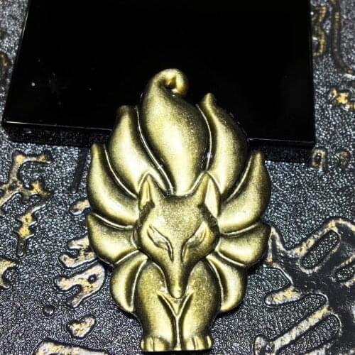 Natural obsidian nine tailed fox pendant secret method night black fox marriage peach blossom necklace fox peach decoration