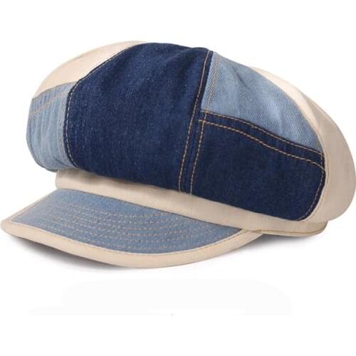 Fibonacci New Fashion Hats For Women Beret Spring Summer Octagonal Cap Denim Patchwork Retro Visor Artist Octagonal Hat Travel