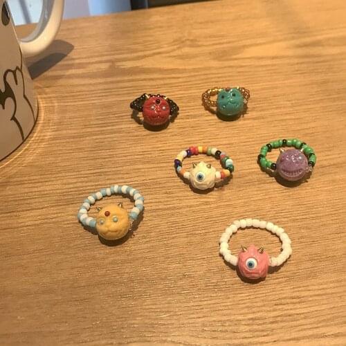 New Ins Cute Colorful Woven Beaded Animal Ring Evil Guardian Spirit Pet Rings For Women Girls Fashion Jewelry Gift
