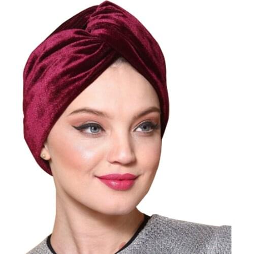 New velvet stretchy turban bonnet muslim winter warm hat forehead cross hijab caps female underscarf cap indian hat turbante