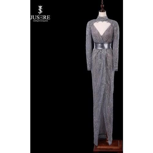 Charming 2019 GD652 JUSERE Gray Evening Dress Sequin Hand Beaded High Collar Sleeves Hollow To Back Floor Length Evening Dresses