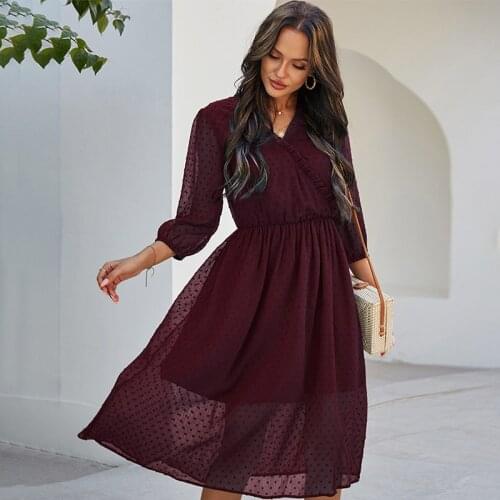 Capucines Boho Ruffles Trim V Neck Swiss Dot Women Dress 2021 Spring Summer 3/4 Lantern Sleeve A Line Slim Midi Chiffon Dresses