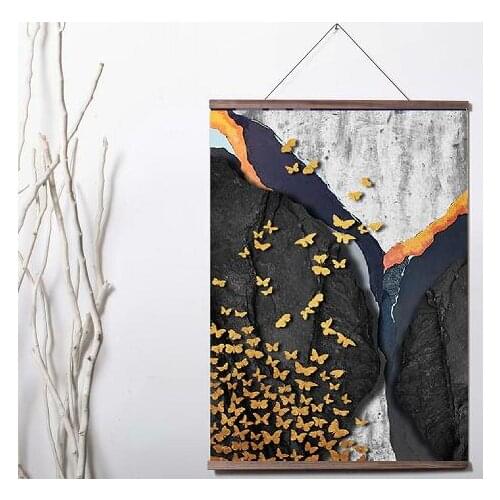 Nordic Abstract Marble Gold Butterfly Modern Art Canvas poster decoration painting with solid wood hanging scroll