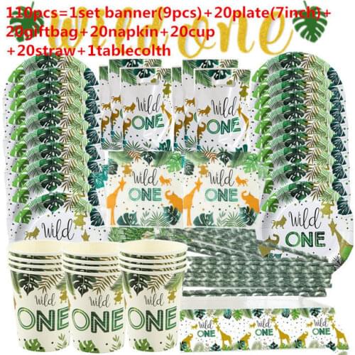 95pcs/lot 20people ues Wild One Safari Jungle Theme Animals Banner cup plate napkin straw tablecloth 1st Birthday Party Dec