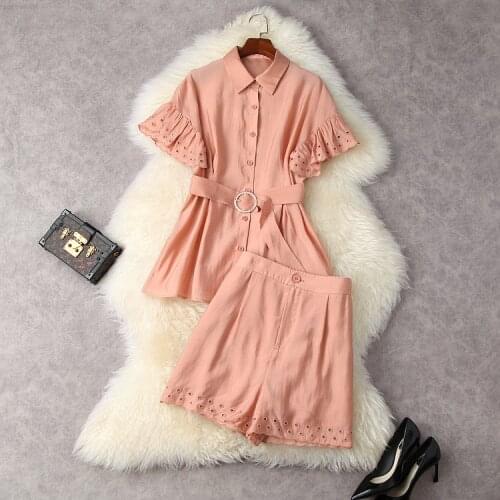 European and American womens wear for summer 2021 shirt short sleeves and hollowed-out lapels Pure color shorts Fashion suits