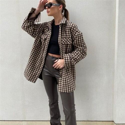 Nice Casual Women Oversized Brown Plaid Shirt Coat New Spring Vogue Ladies Loose Basic Jackets Female Streetwear Outwear