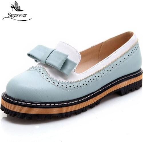 Sgesvier Big Size 32-43 New Spring Autumn Slip On Flat Women Shoes Cute Bowtie Shallow Mouth Ladies Platform Shoes Woman B976