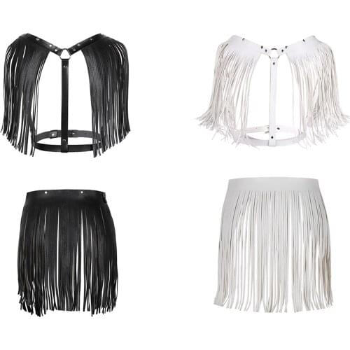Women Shoulder Tassel Harness Belt PU Leather Adjustable Body Chest Harness Bondage Belt With Waistband Fringe Tassel Skirt Belt