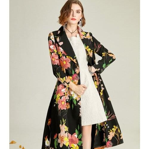 2020 Spring Fall Fashion Women Female Floral Printed Pattern Black Trench Coat , Flower 3xl Long Windbreaker Coats for Woman