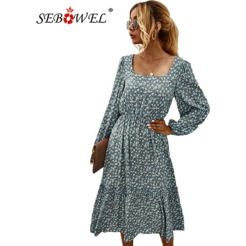 SEBOWEL Autumn Winter New Womens Retro Square Collar Long Dress Lantern Sleeve Floral Flower High Wiast Ladies Dresses S-XL