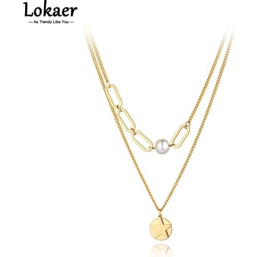 Lokaer Bohemia Stainless Steel Double-layer Star Charm Choker Necklace Fashion White Pearl Chain Necklace For Women Girls N21140