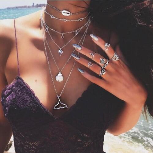 2020 Women Necklace Fashion Long O-chain Shell Fish Tail Layered Necklace Hiphop Beach Wear Jewelry Women Pendant Necklace