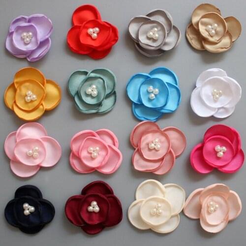 100pcs/lot 2" Pearl Satin Ribbon Rose Boutique Burned Hair Flower For Girls Headband Wedding Decoration Floral Hair Accessories