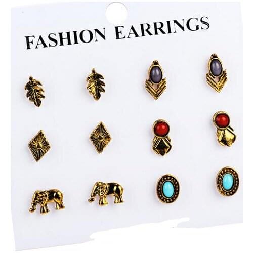 2017 Vinatge Rose Flower Stud Earring 6 Pairs/Set Pendientes Antique Stone Earrings Set For Women Jewelry boucle d'oreille