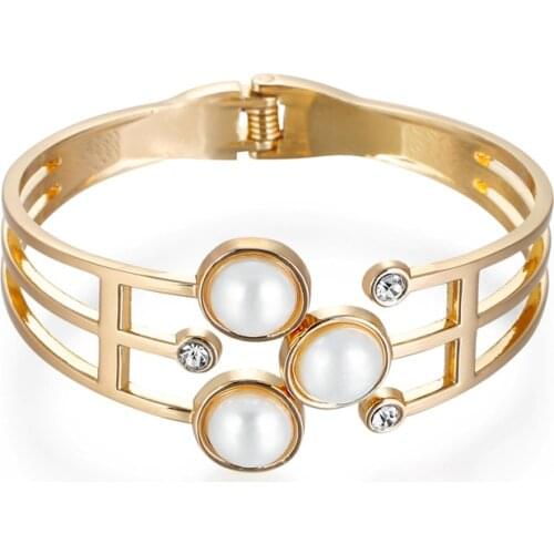 2020 Top Quality Fashion Bangles Gold Color Alloy Pearl Simple Hollow Out Wide Bangles Bracelet & Bangles For Women